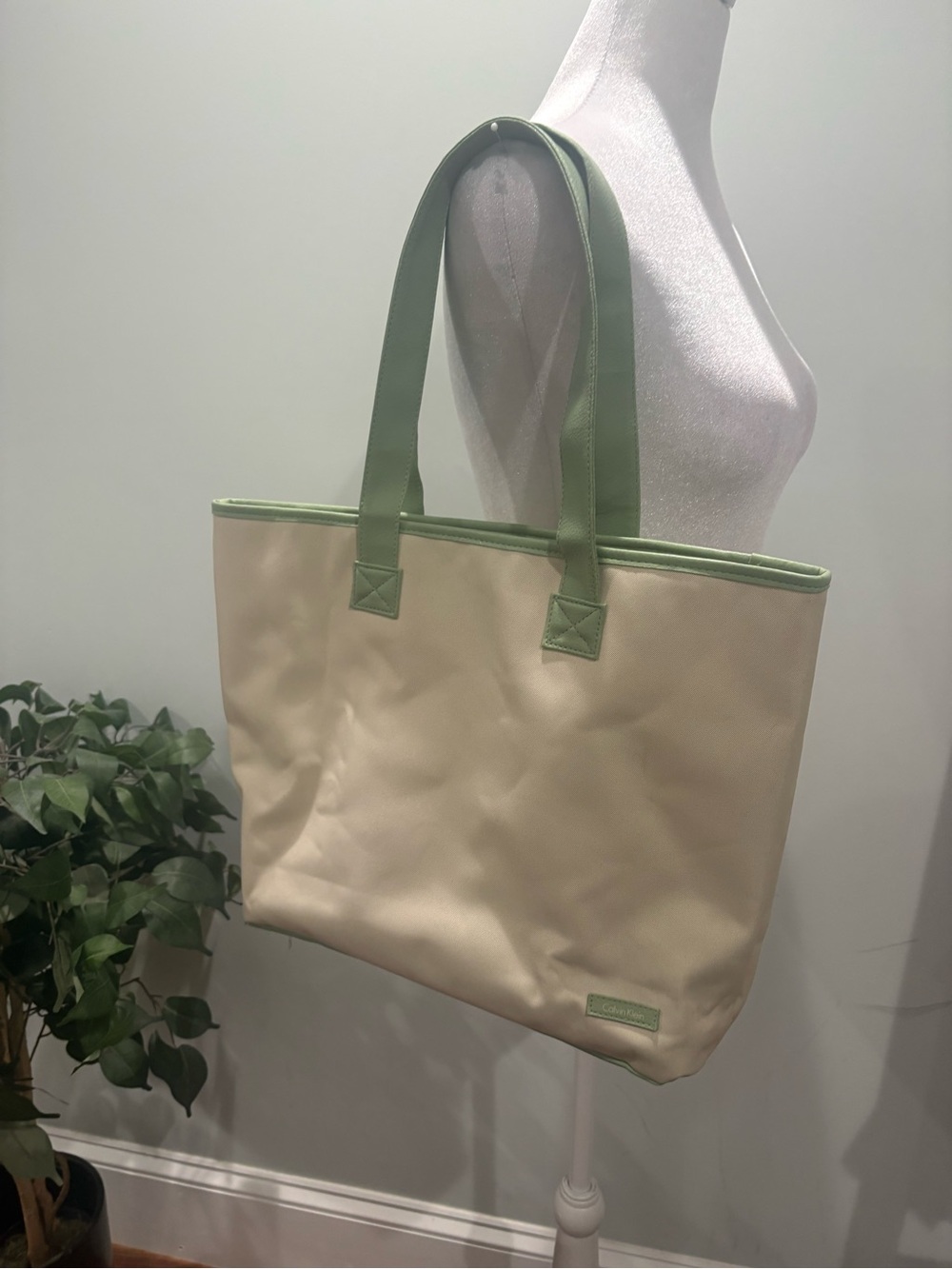 Calvin Klein Beige Tote with Green Trim and Straps